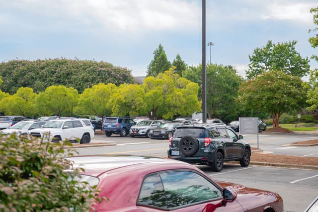 Busy parking lot filled with cars surrounded by green trees and flowering shrubs under a partly cloudy sky.