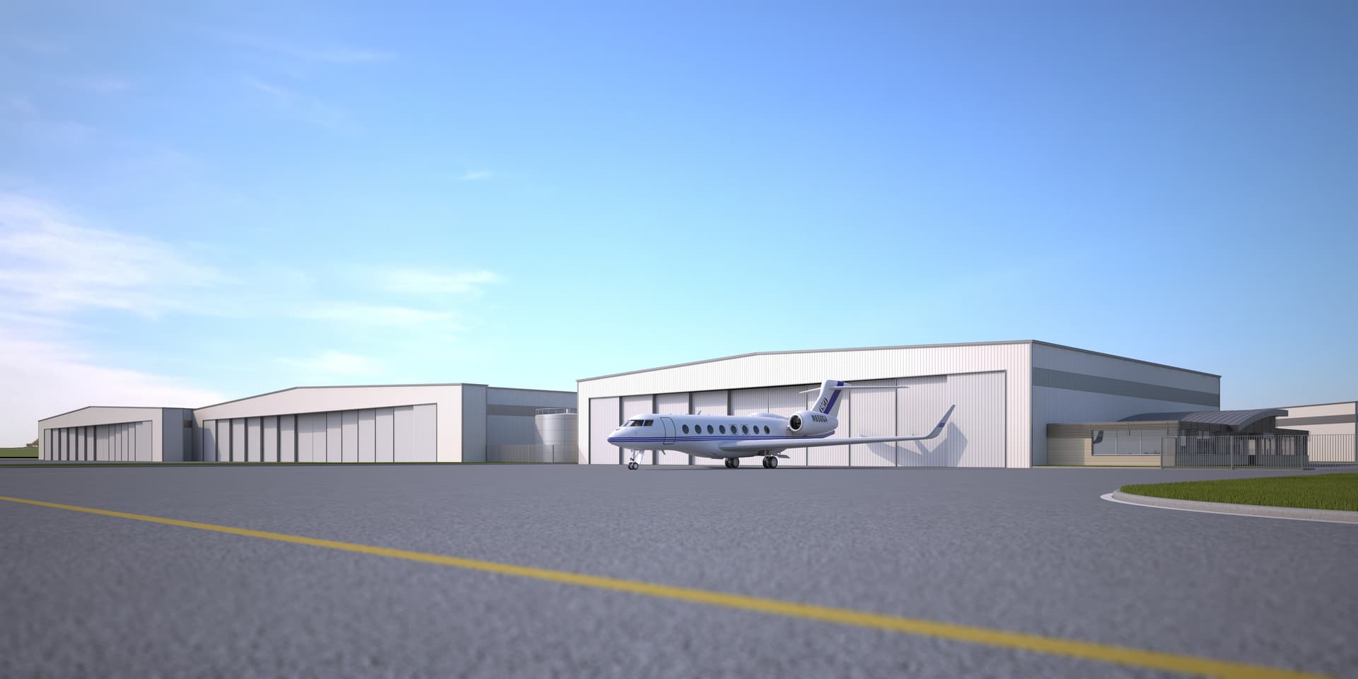Rendering of modern white aircraft hangars with blue and white private jet parked in open hangar bay under clear blue sky.