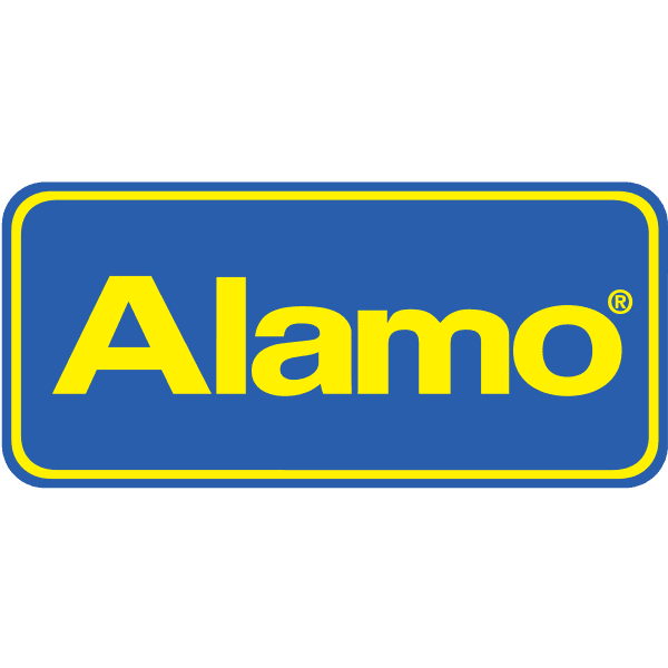 Alamo car rental logo with yellow text on blue rectangular background with yellow and green border