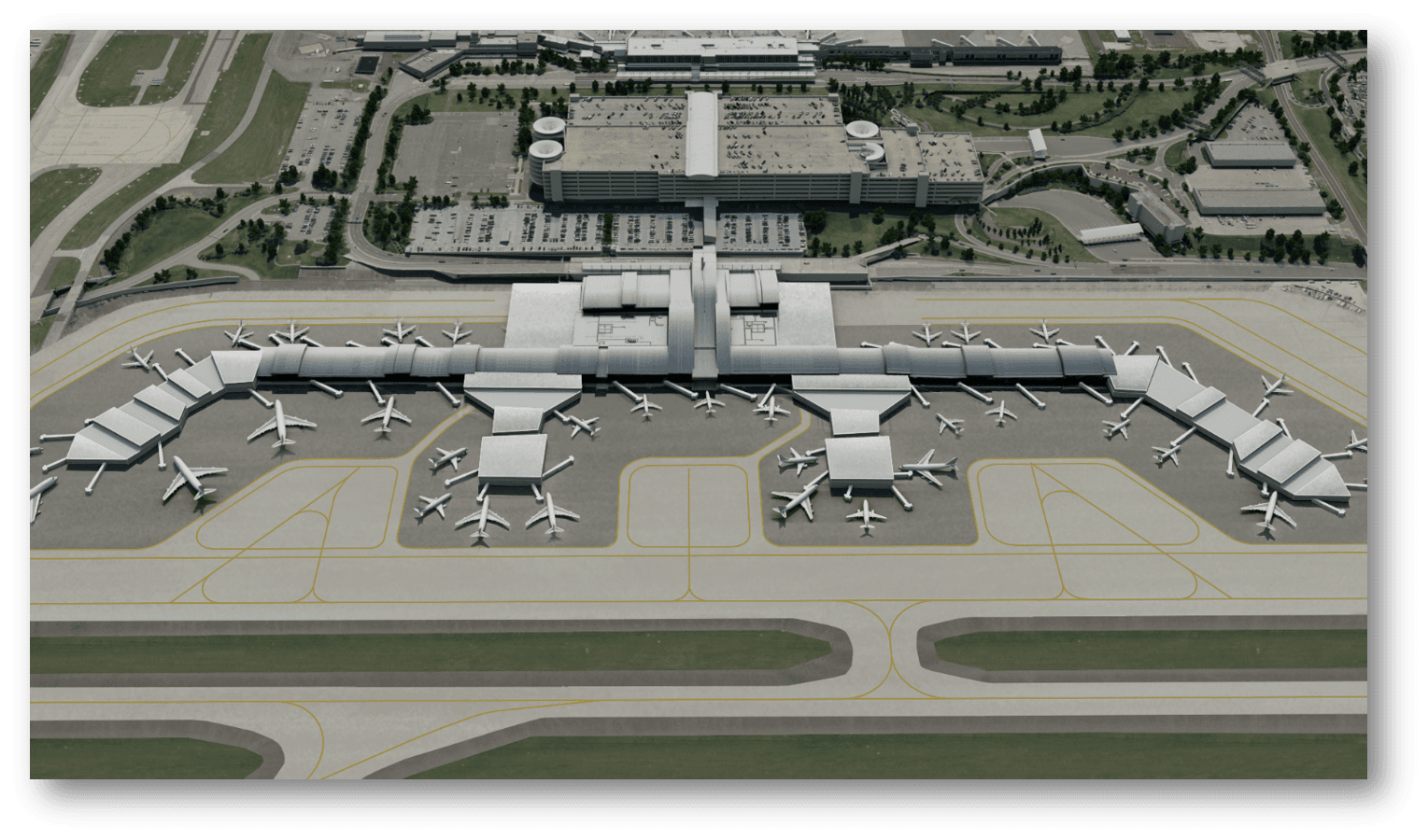 Rendering of an aerial view of airport terminal with multiple white aircraft parked at gates, runways with yellow markings, and parking lots.