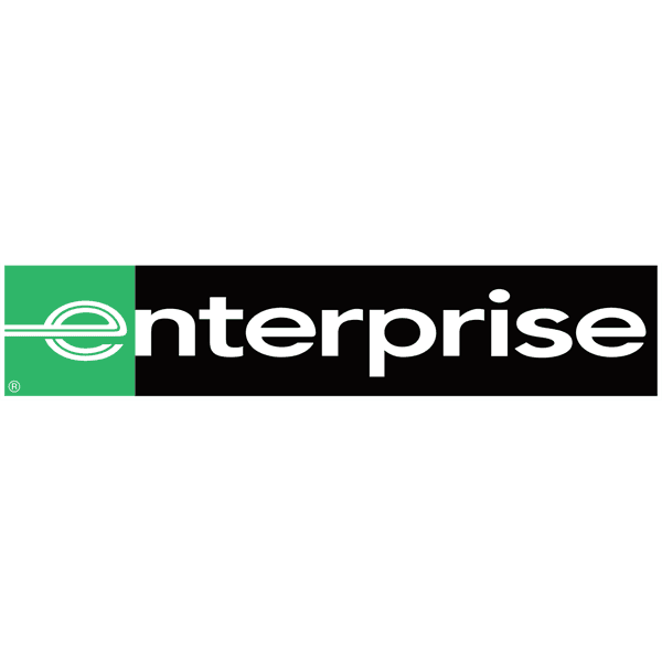 Enterprise car rental logo with green and black rectangular design and white text on light background