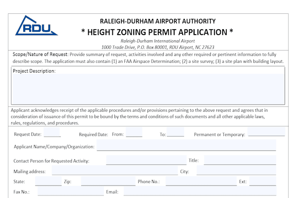 Raleigh-Durham Airport Authority Height Zoning Permit Application form with blank fields for applicant information.