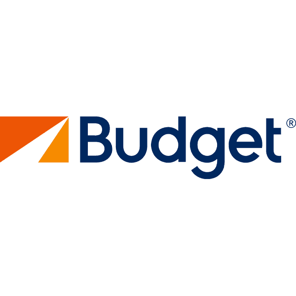 Budget car rental logo with orange and red geometric shape and navy blue text on white background