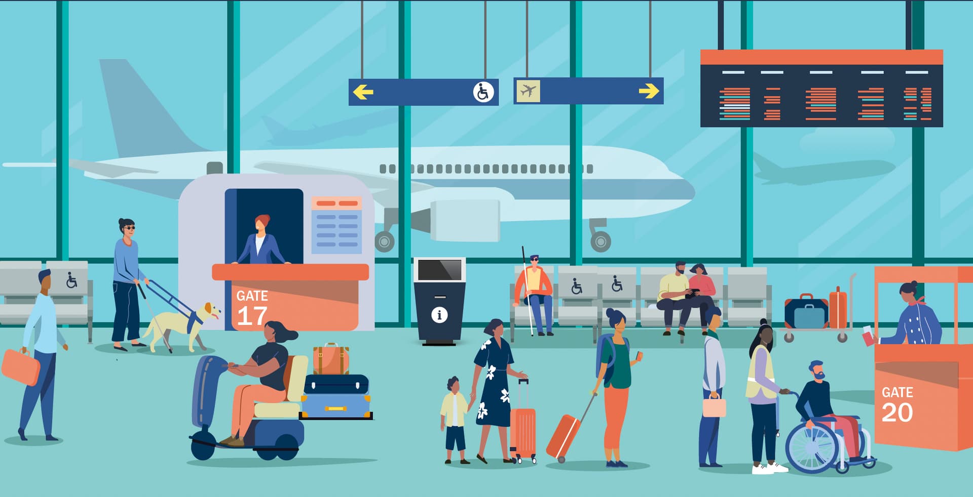 Illustration of diverse travelers in an airport terminal with airplane visible through windows, showing accessible features.